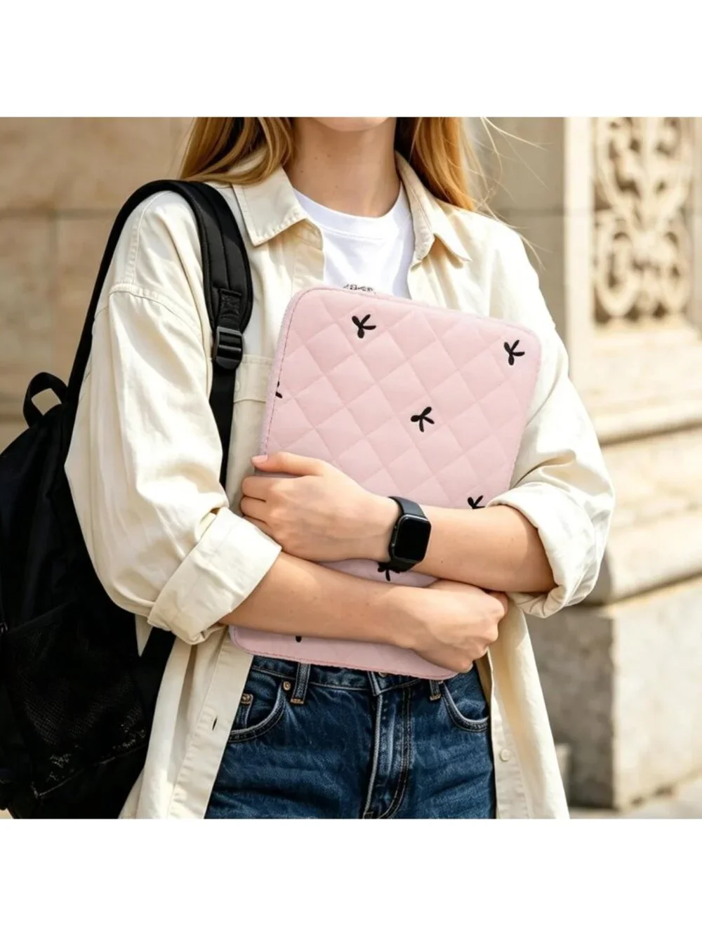 Quilted Pink Laptop Sleeve 13-14 Inch, Bow Embroidery & Pouch, Stylish